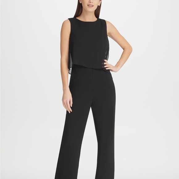 high waist round neck chiffon overlay black jumpsuit